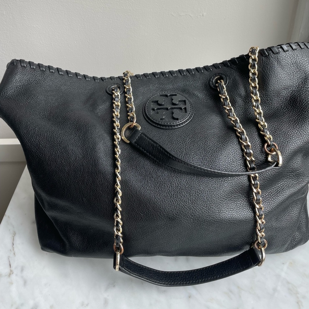 Tory Burch Black Large Leather Chain Tote Bag